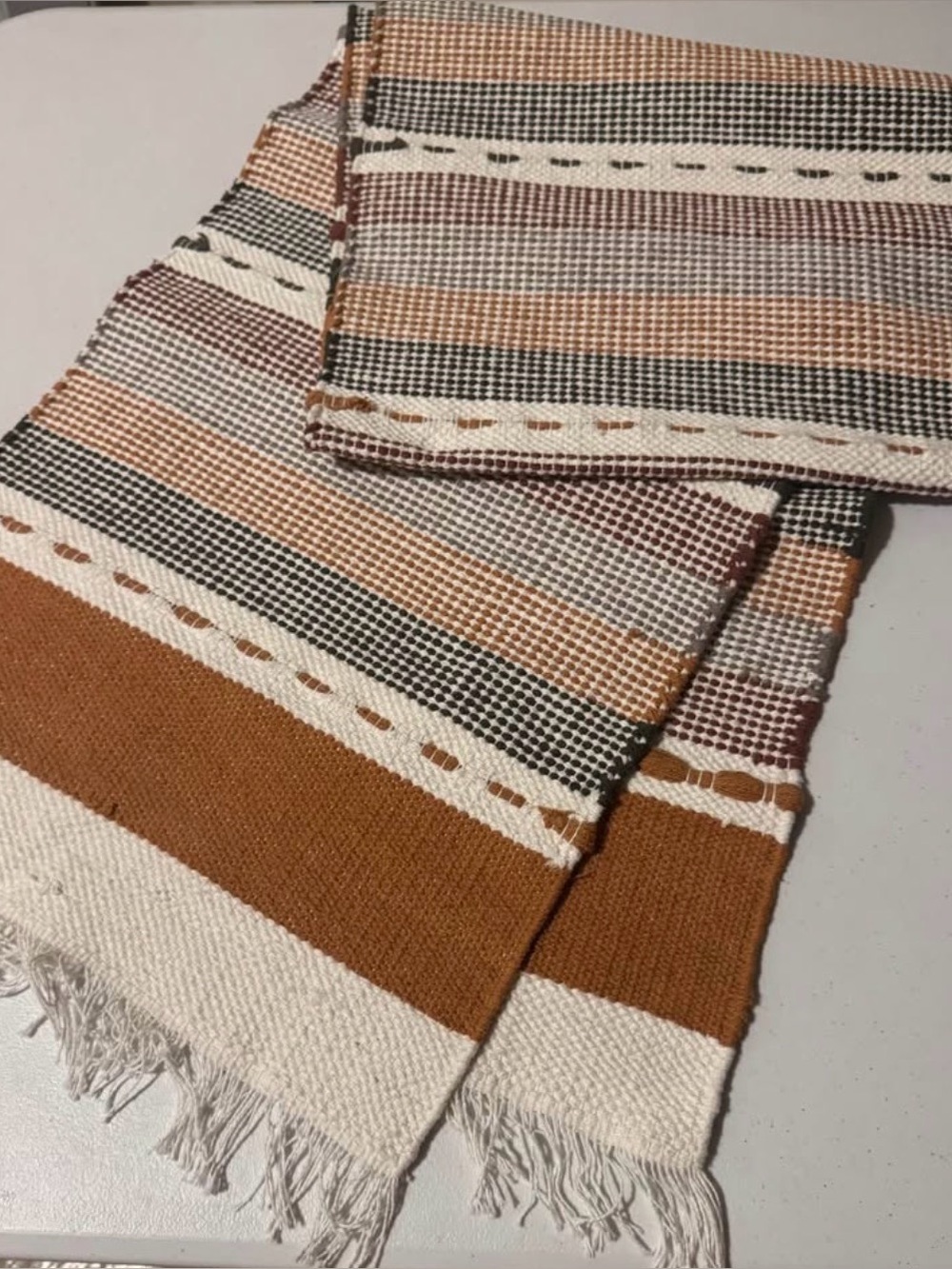 Woven Fringe Table Runner in Rust, Cream & gray